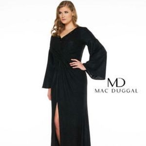 Plus MAC DUGGAL 18w 77298F Black Textured Metallic Knit Beaded Bell Long Sleeve